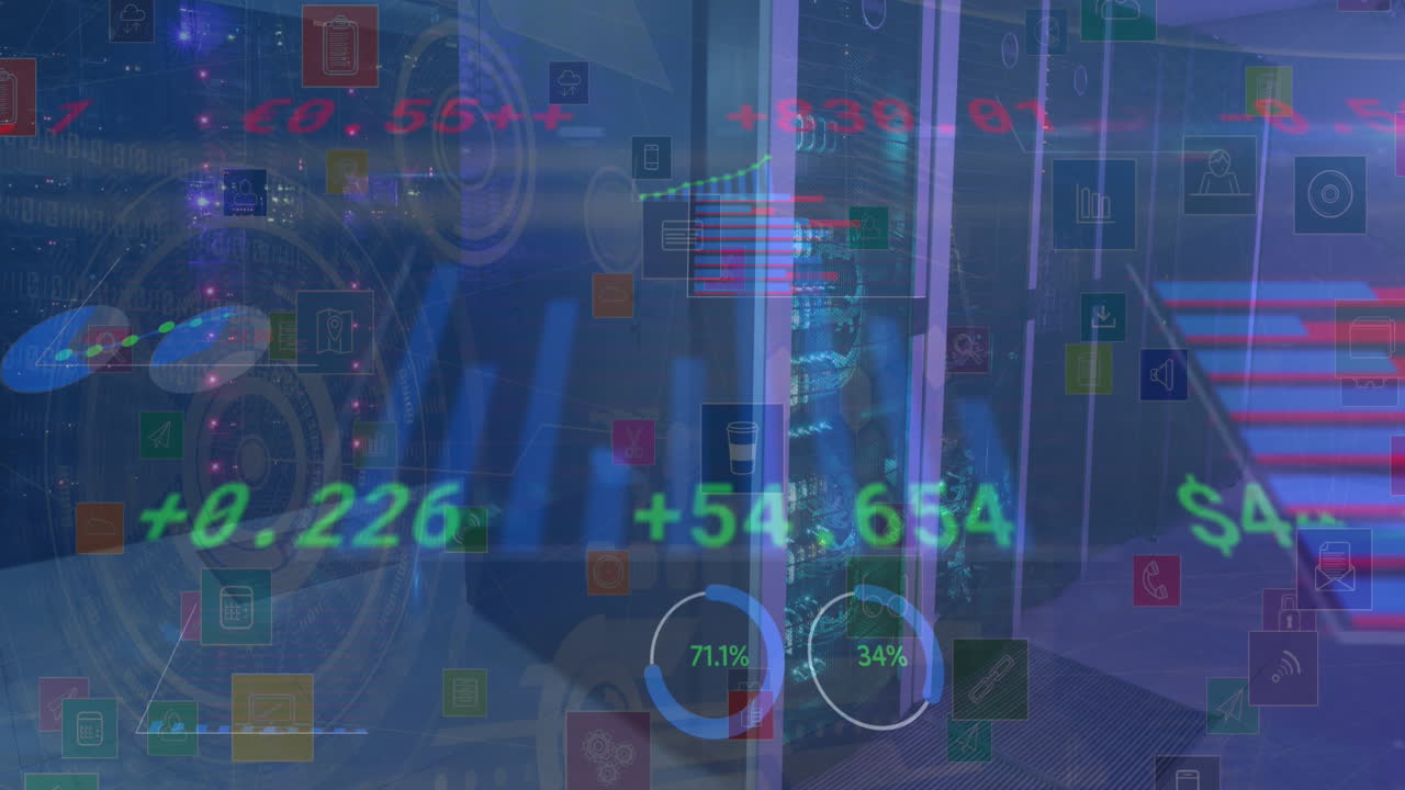 Animation of financial data processing and statistics over computer servers
