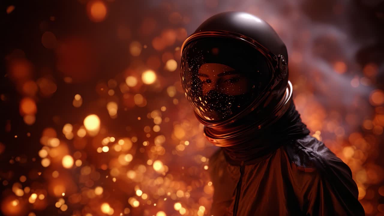 Tajemný astronaut stojí uprostřed moře žhnoucích uhlíků, zachycující podstatu průzkumu vesmíru a neznáma v podmanivé sci-fi atmosféře.