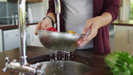 Midsection-of-caucasian-pregnant-woman-washing-vegetables-in-kitchen