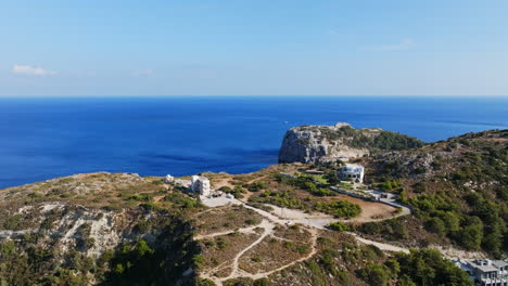 aerial view around hilltop villas at the anthony quinn bay, sunny day in rhodes