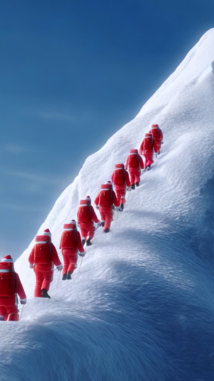 A Line of Red-Clad Climbers Ascending a Snowy Mountain Trail, Capturing a Festive Journey in Winter's Embrace with a Vibrant Contrast Against the Clear Blue Sky Above