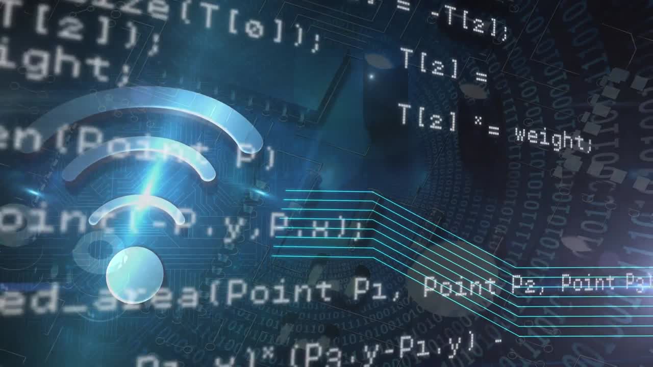 Digital animation of data processing and wi-fi icons against microprocessor connections