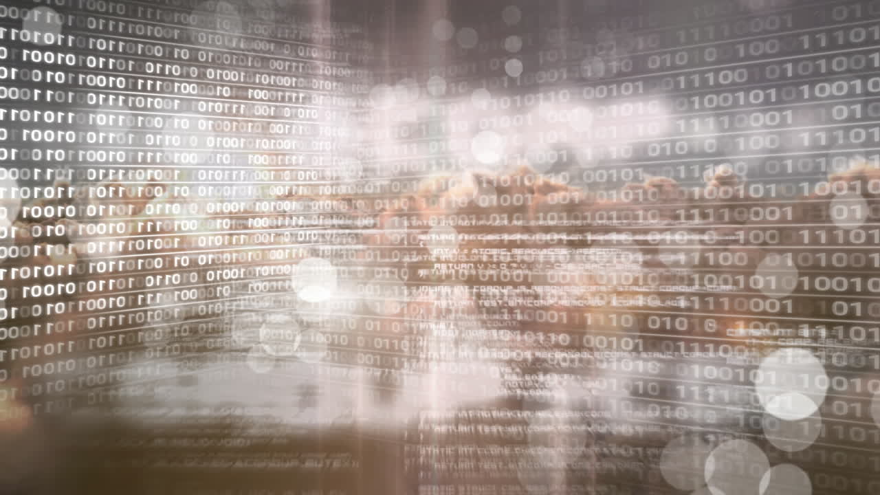 Animazione digitale di codice tecnologico binario su sfondo bokeh 4k