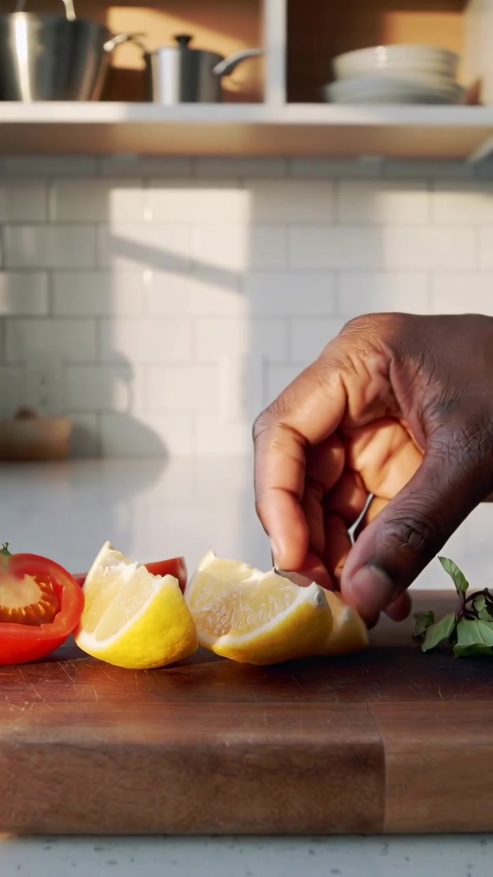 Vertical video: Entering hand arranging tomato, lemon wedges and herbs on board in kitchen to cook