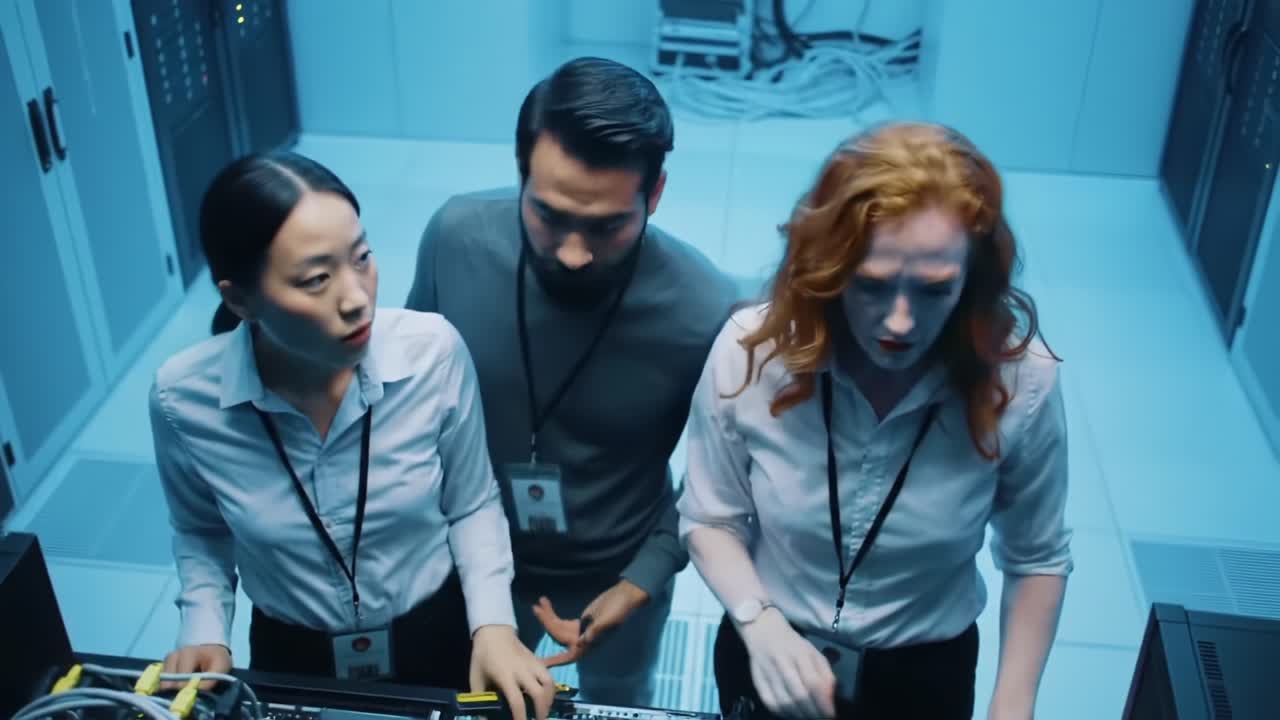 A Team of Technicians Collaborating in a Server Room, Analyzing Equipment Operations and Troubleshooting Issues for Optimal Performance and Efficient Data Management