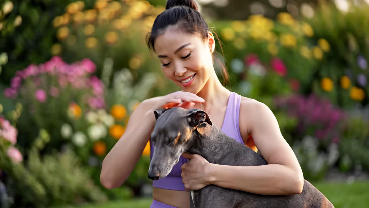 Mulher abraçando seu galgo em um jardim
