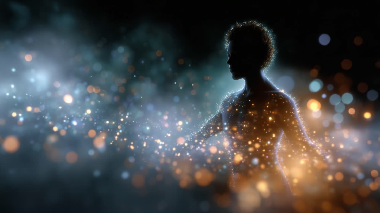 A mesmerizing silhouette emerging from a vibrant cosmic backdrop, surrounded by a swirling array of sparkling lights and ethereal colors, symbolizing inner transformation