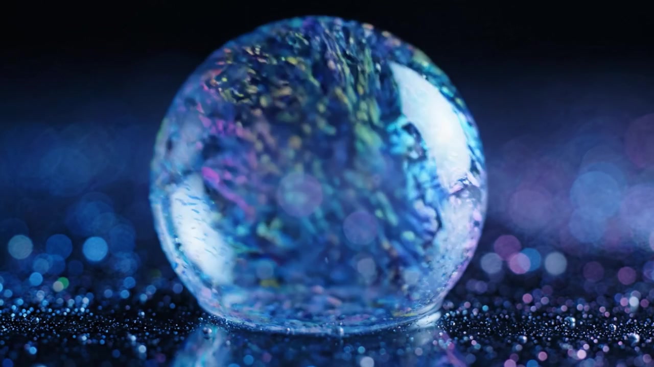 Un primo piano ipnotizzante di una bolla vivace che cattura riflessi colorati su una superficie scintillante, mostrando motivi intricati e giochi di luce con chiarezza cristallina.