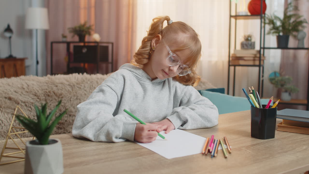 Young girl arranging colored pencils on table and drawing picture admiring result with satisfaction