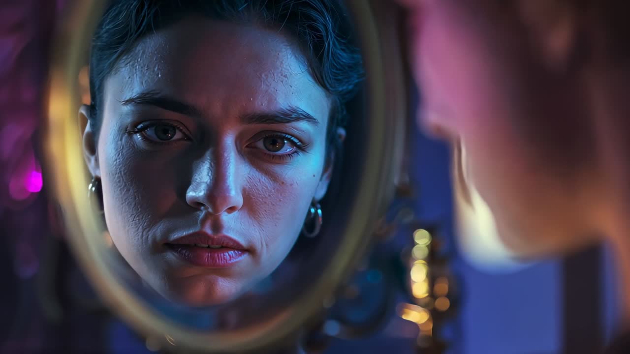 Studying woman examining face in gold oval mirror, camera moving closer, checking perspiration