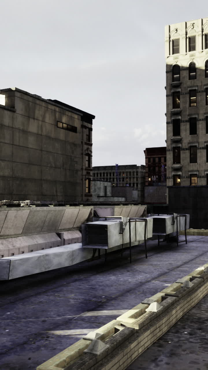 Urban rooftop view with industrial structures and city buildings in daylight