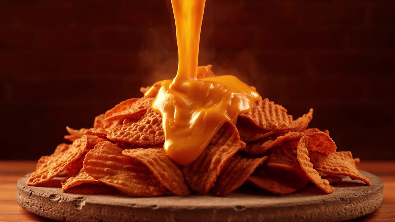 Formaggio fuso caldo versato su patatine fritte croccanti.