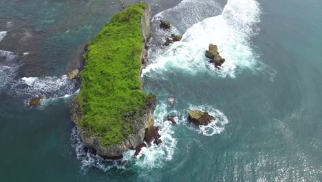 reveal drone footage of coral rock overgrown green grass in the middle of the beach