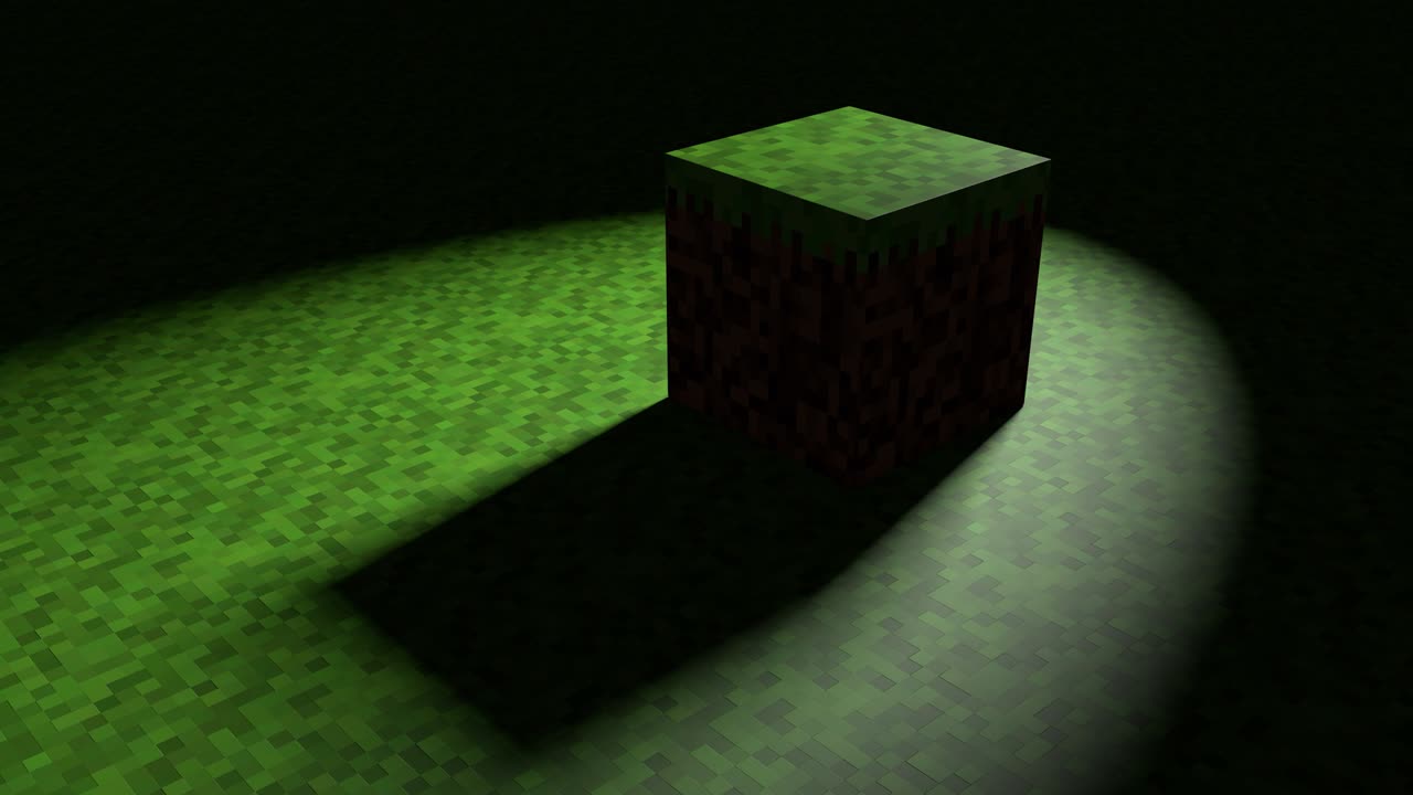 мозаика геометрических волн. строительство холмов ландшафт с использованием коричневых и зеленых травяных блоков. концепция современных пиксельных игр. прожектор сияет, темная тень. 3d анимация петли 4k