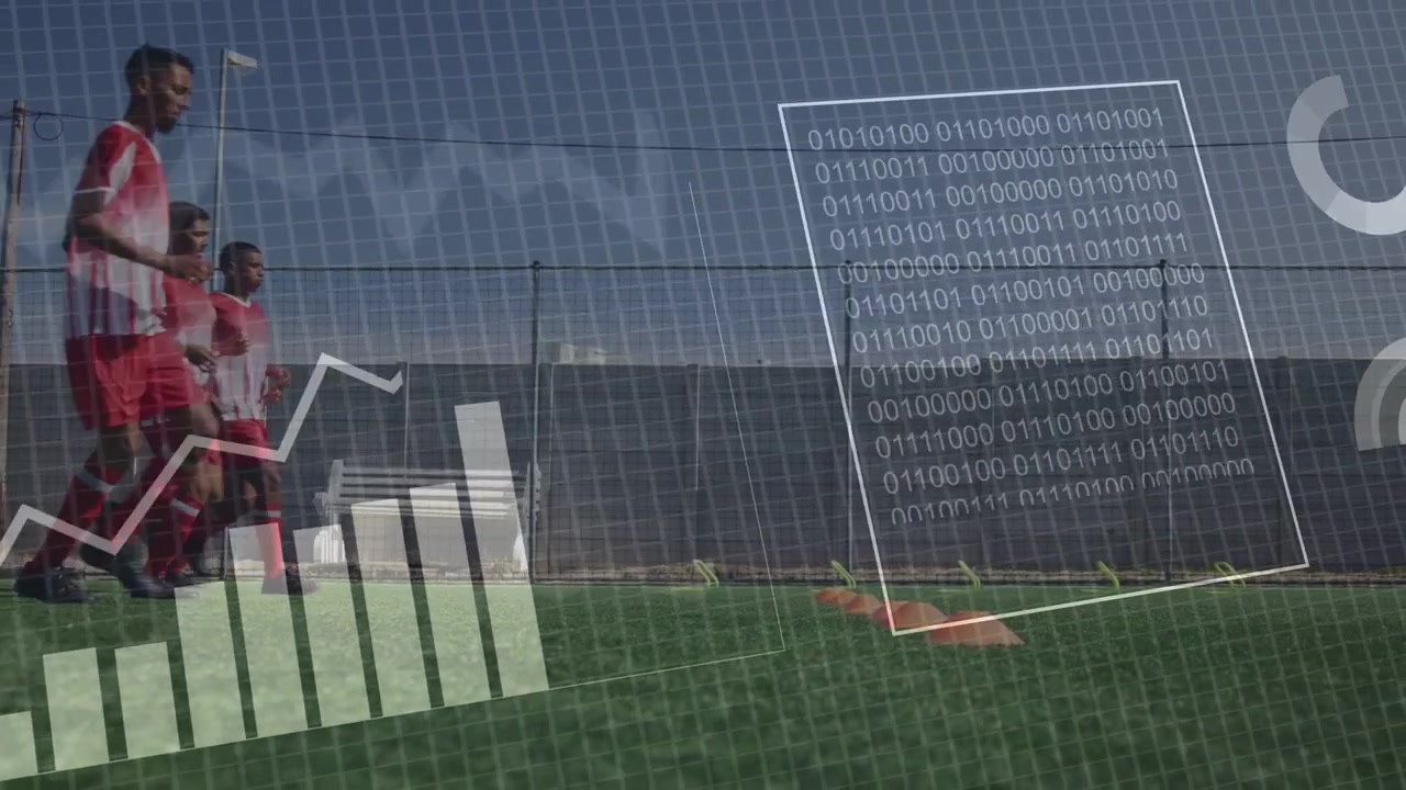 Data overlays appearing, male soccer players jogging cone drill, player bending, HUD analyzing data