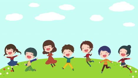 video of moving illustrations of children in the background of the meadow