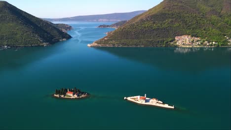 Aerial-drone-view-of-old-church-in-the-island-of-Gospa-od-Skrpjela,-Montenegro