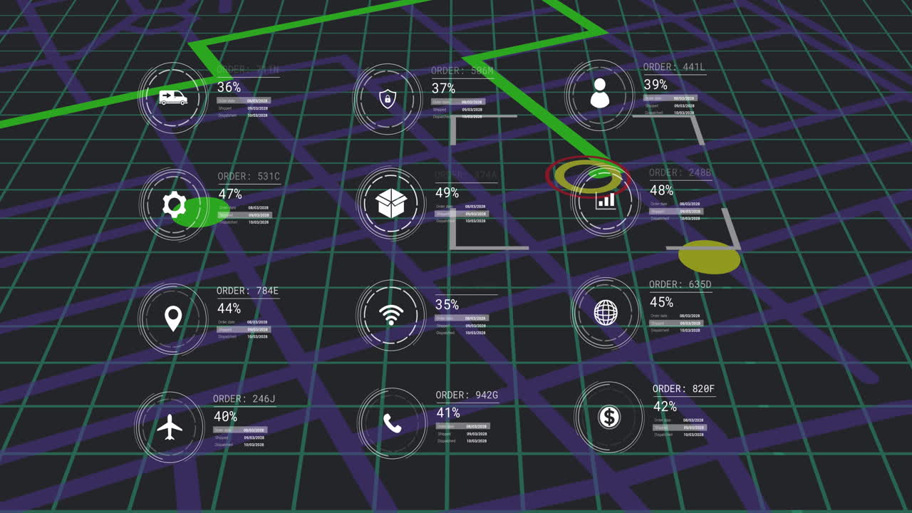 animación de iconos con procesamiento de datos sobre el mapa de la ciudad