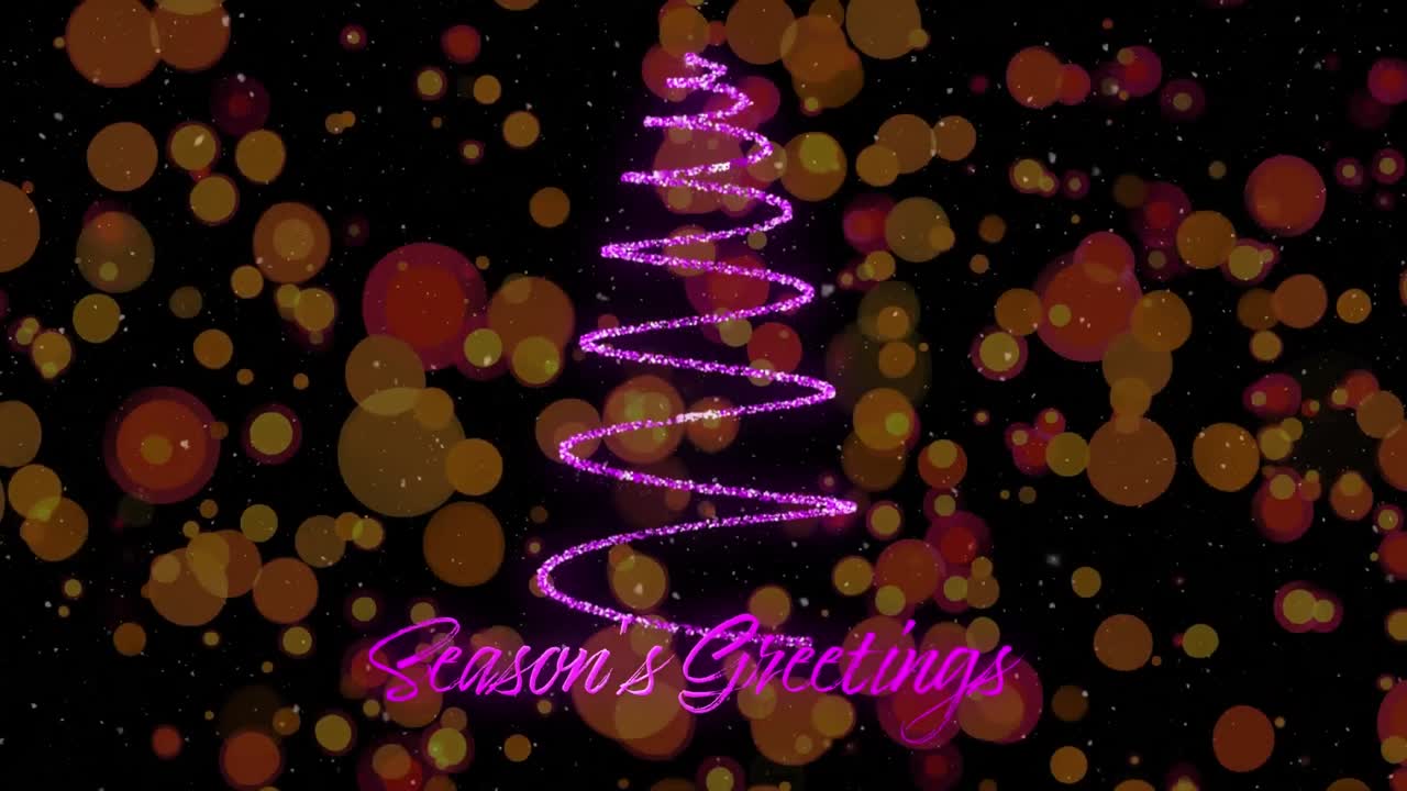 Animation of snow falling over christmas tree with season's greetings text on black backrgound