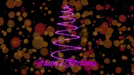 Animation-of-snow-falling-over-christmas-tree-with-season's-greetings-text-on-black-backrgound