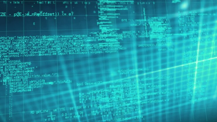 Animation of lines of changing digital information and coding on a green grid on a dark background