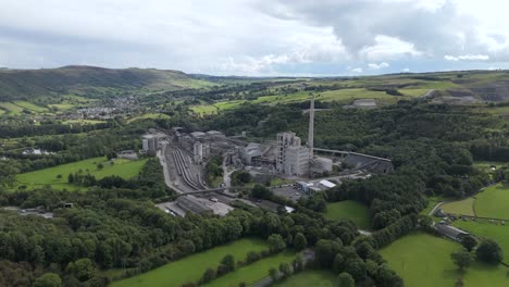 wide aerial view across breedon hope cement works factory in idyllic rural derbyshire peak district