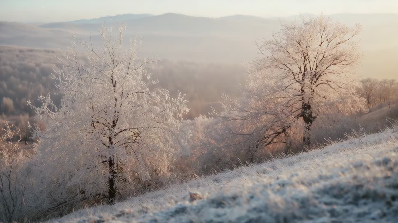 Bathing low morning sun brightening pair of frost-covered trees on snowy hillside, mist thinning