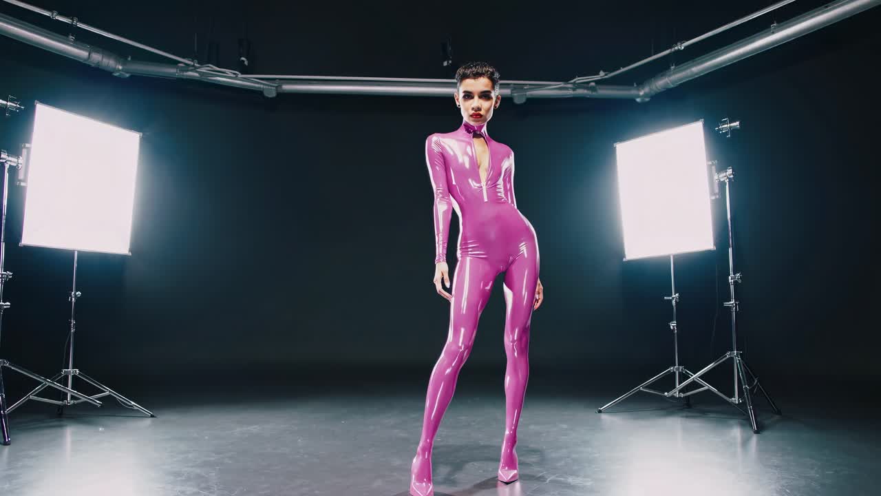 Woman in a Pink Latex Catsuit