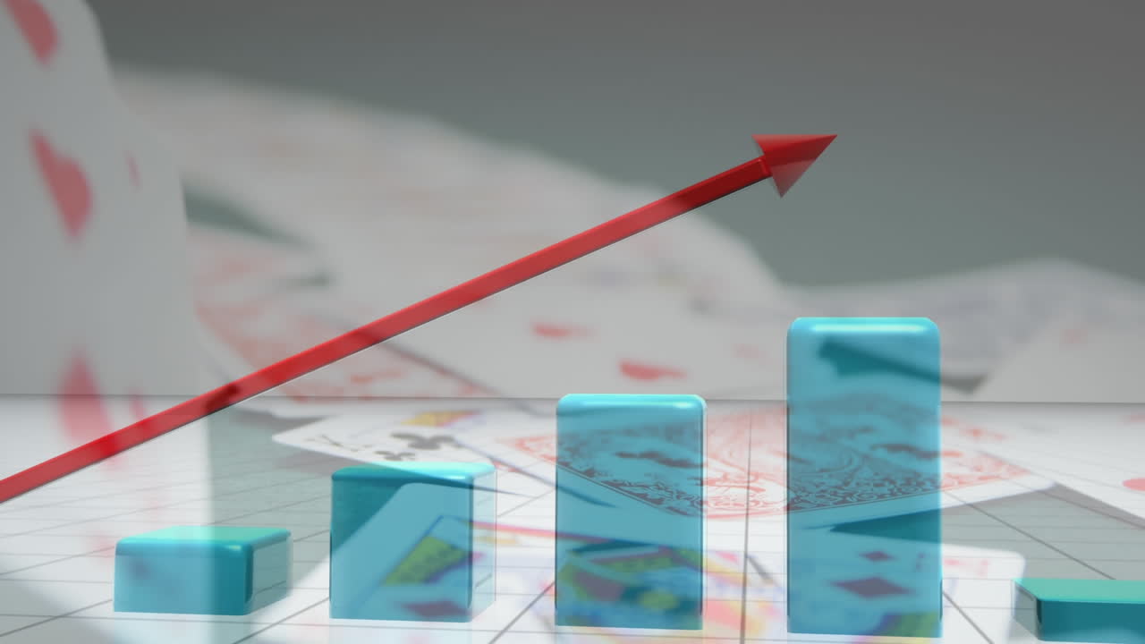 animación del gráfico con flecha roja y barras azules sobre las cartas que caen sobre una mesa
