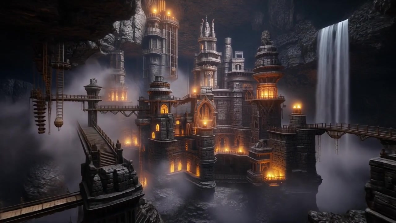 Ancient Fantasy Castle Built Inside a Dark Cavern with Waterfall