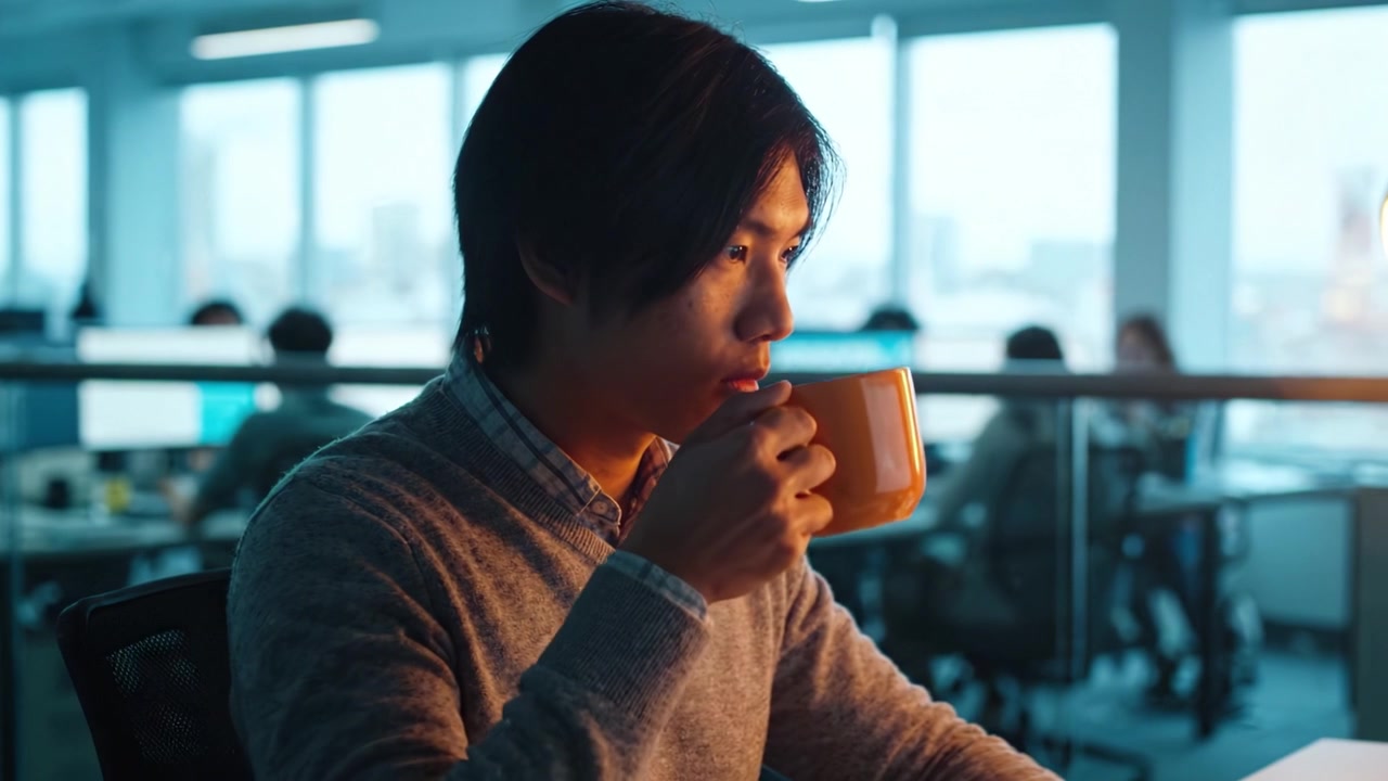 Individuo concentrato in un ambiente d'ufficio che sorseggia caffè, evidenziando concentrazione e produttività in un moderno spazio di lavoro con tecnologia e colleghi