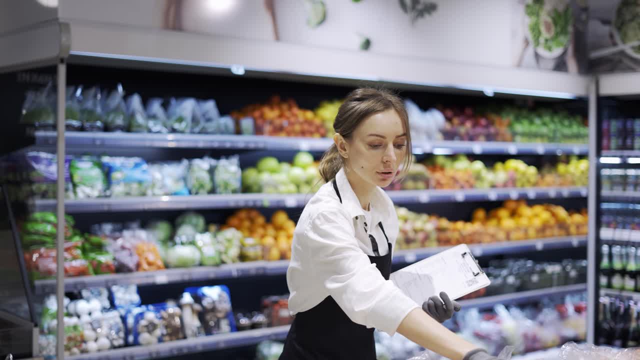 Работница в черном фартуке и перчатках проводит инвентаризацию товаров в продуктовом магазине.