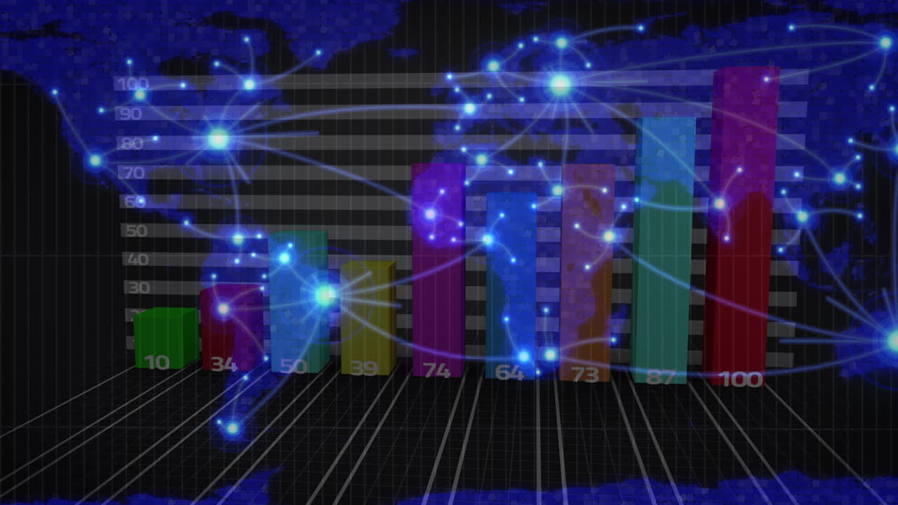 animación del procesamiento de datos financieros con estadísticas sobre el mapa del mundo