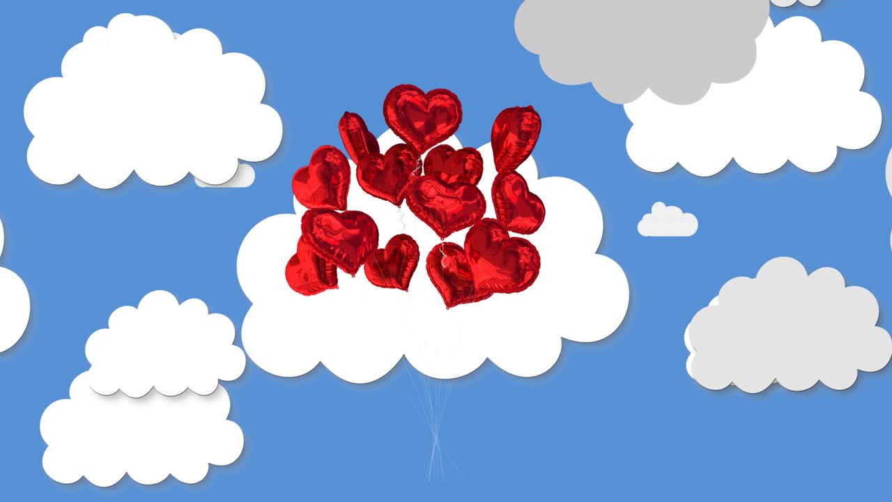 파란색 배경의 구름 위에 떨어지는 심장 에모지 애니메이션