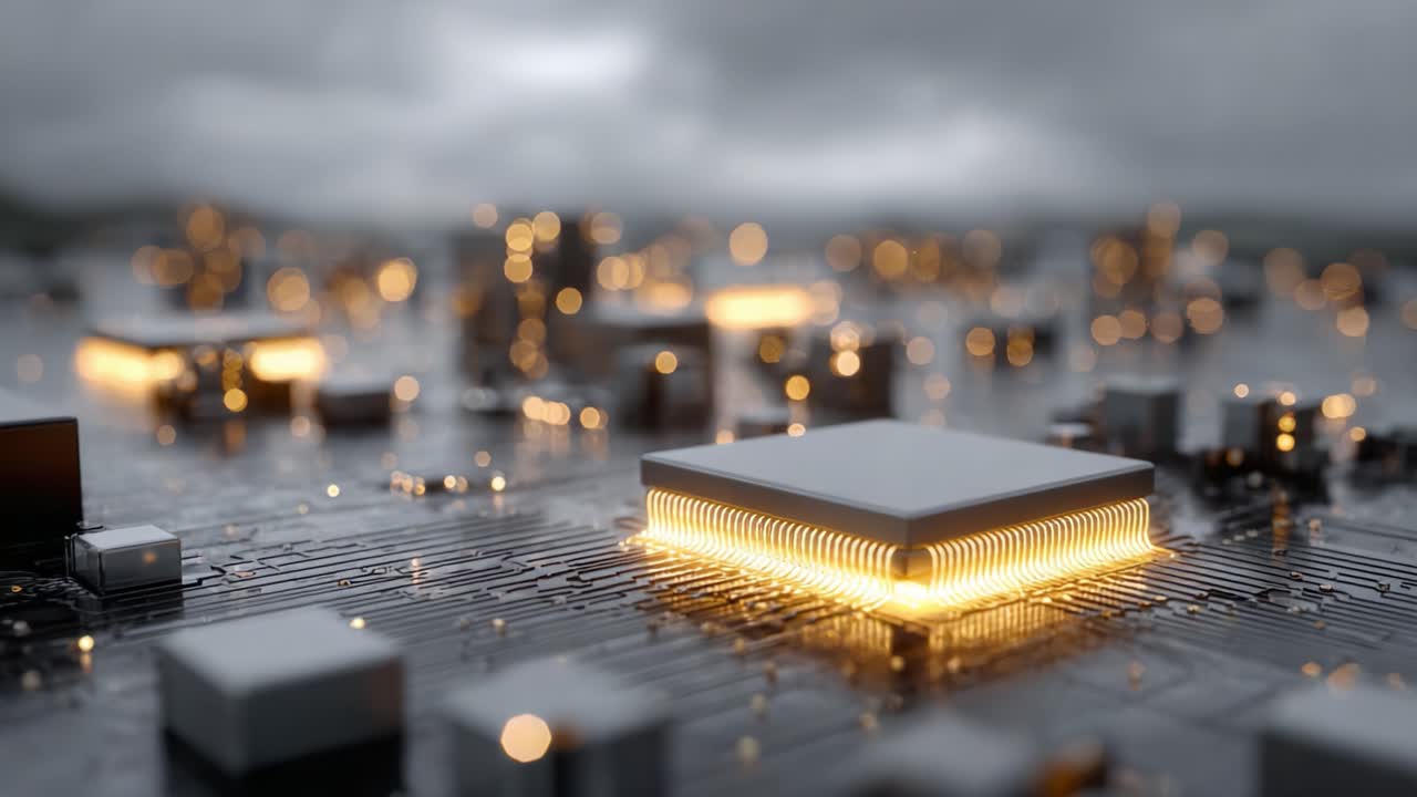 A Captivating Perspective of a Circuit Board Showcasing a Stunning Microprocessor Surrounded by Illuminated Traces and Luminous Components Amidst a Dramatic Background