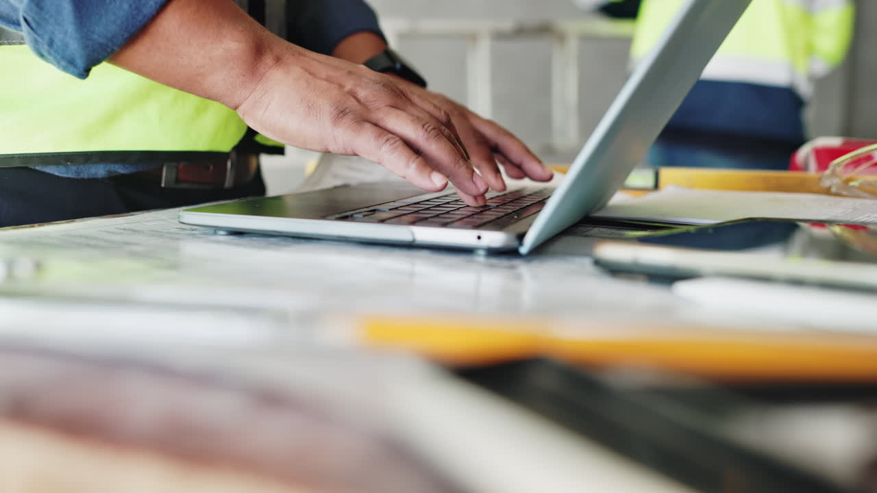 Ingeniero de construcción trabajando en una computadora portátil