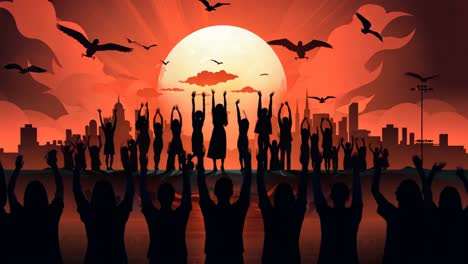 people celebrating under a vibrant sunset with city skyline in background