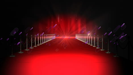 animation of violet shapes moving over red carpet and camera flashes