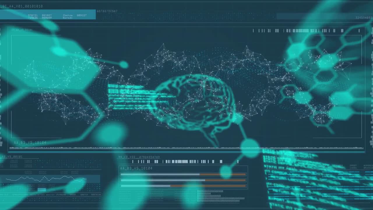 Animation of science data processing over dark background