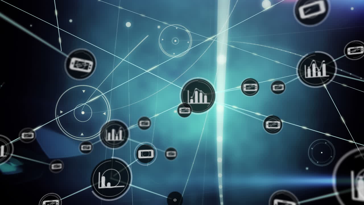 animación de la red de conexiones con iconos en fondo negro