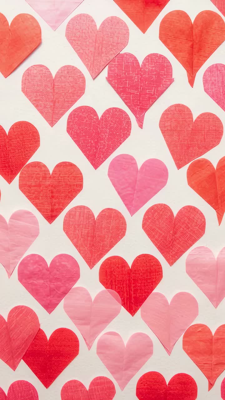 Video verticale: cambio di visualizzazione che provoca un leggero tremolio macro di cuori di carta rosa-rossa, mostrando la texture