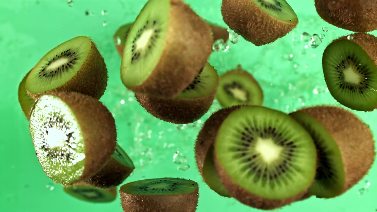 Mitades de kiwi fresco y frutas enteras con salpicaduras de agua sobre fondo verde