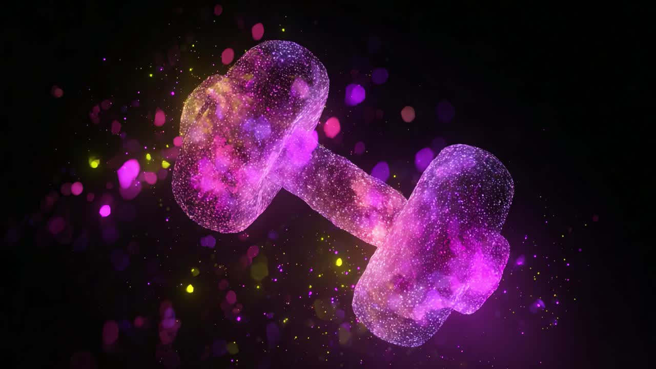 A Vibrant Cosmic Dumbbell Glowing with Colorful Sparkles Against a Dark Background, Perfectly Exemplifying Strength and Fitness through Artistic Visualization