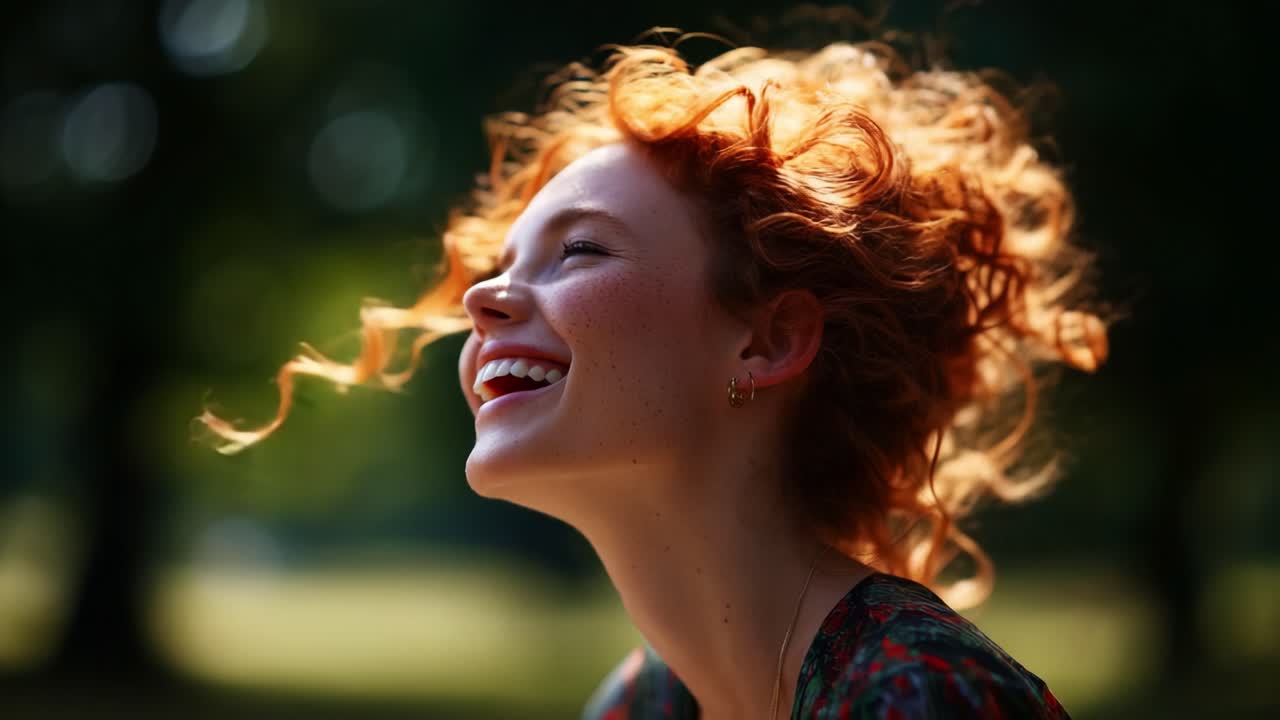 A Joyful Moment Captured in Nature: A Young Woman with Beautiful Red Curly Hair Laughs Happily in Soft Natural Light, Celebrating Life and Bliss with a Radiant Smile