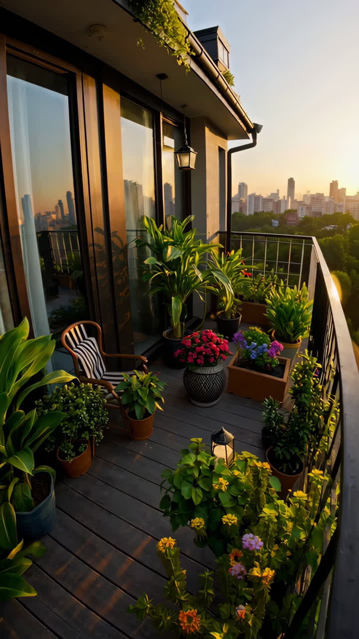 Vibrant Balcony Garden with City Skyline at Sunset