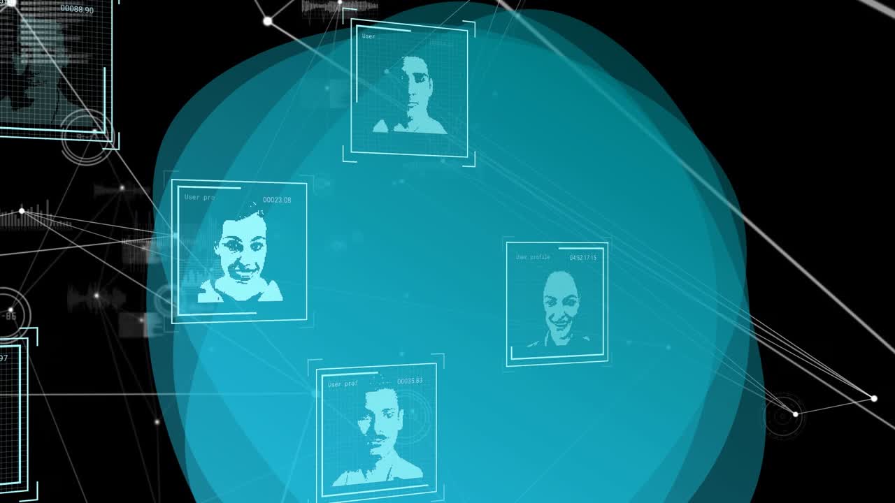 Animation of connections, social media icons and blue dot on black background