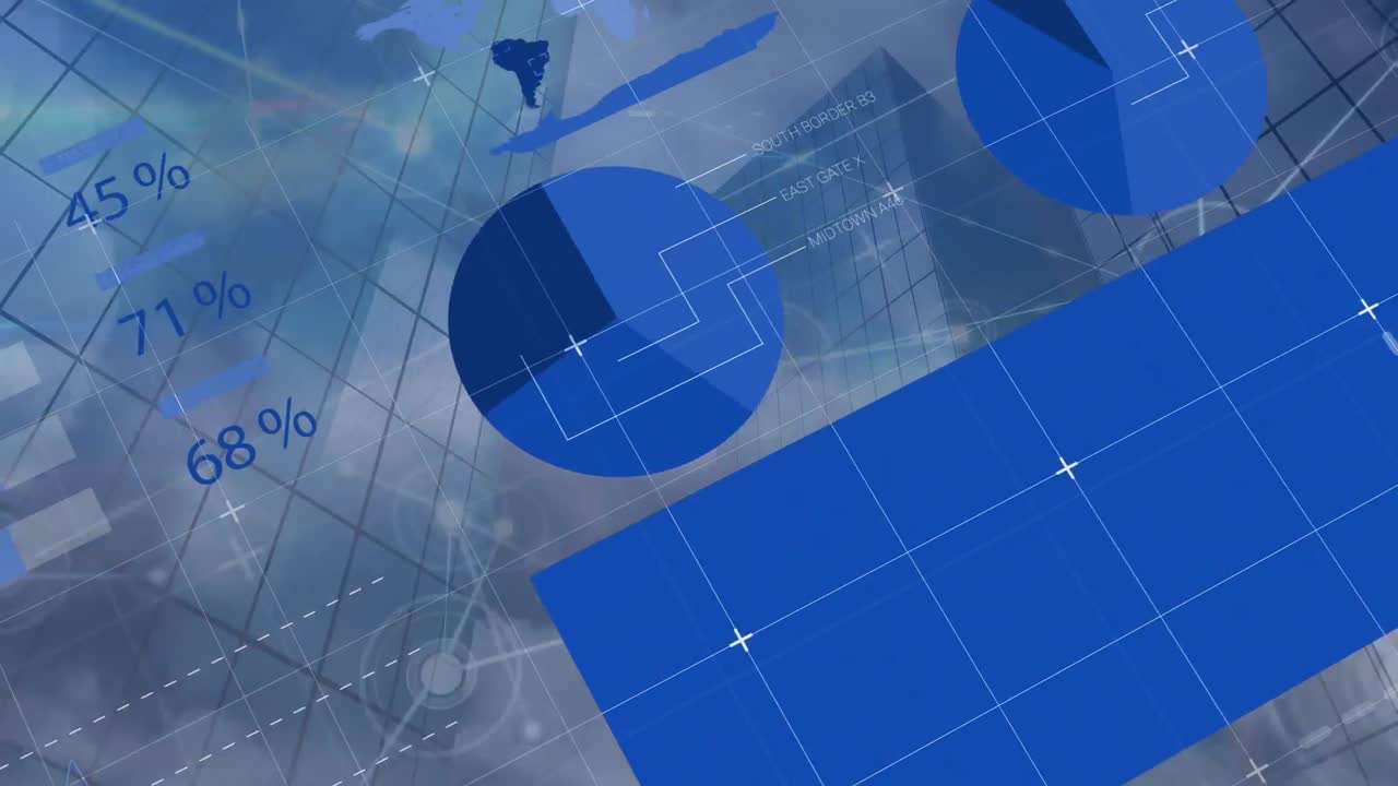 인포그래픽 인터페이스의 애니메이션, 연결된 점, 건물의 낮은 각도 뷰에 대한 안개 구름