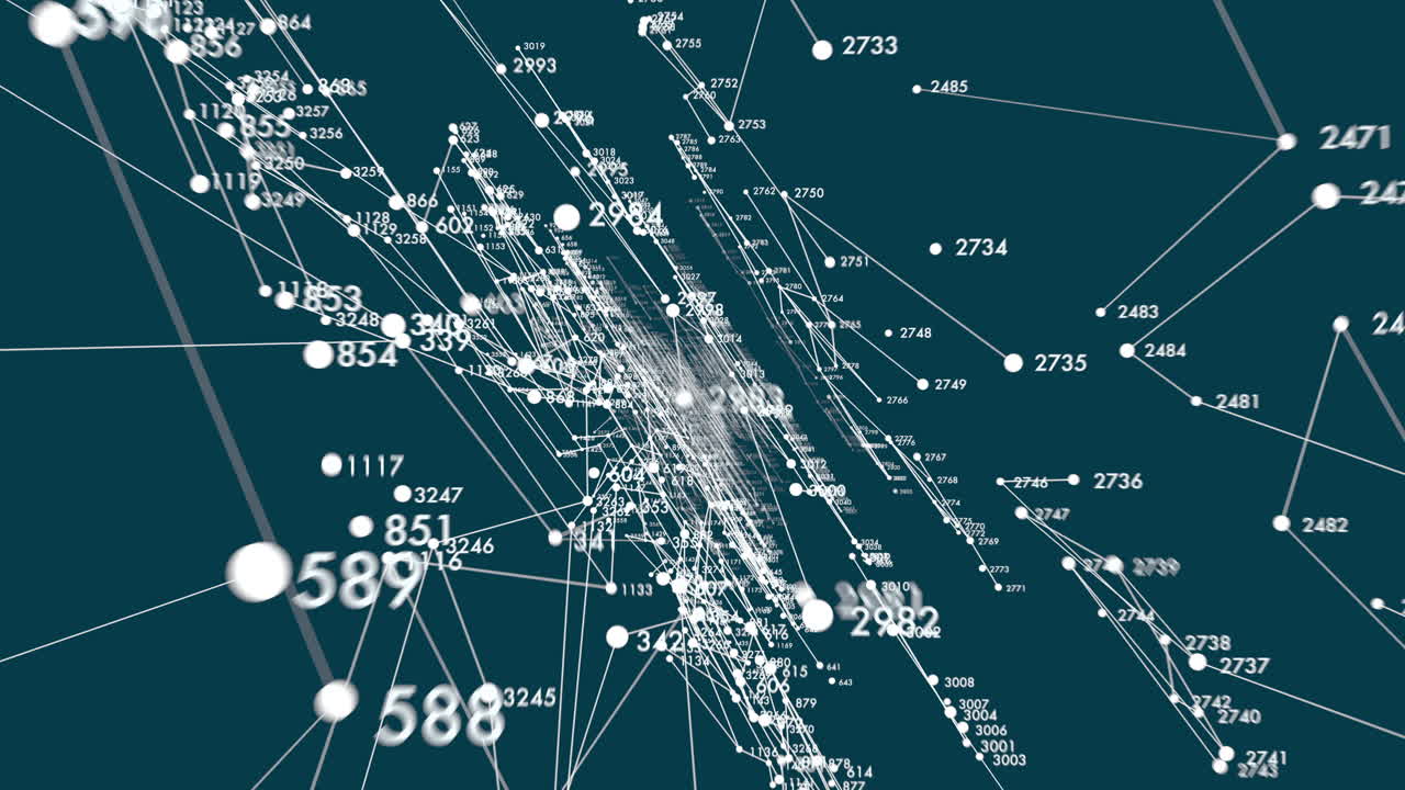 Floating numbers move through connected grid visualizing science analytics data