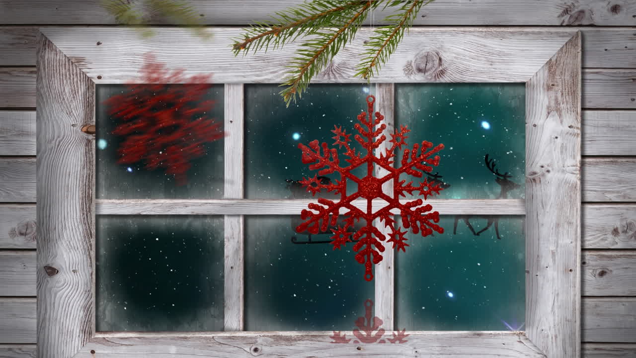 Animation af snefald over juledekoration og vindue med julemand og kane