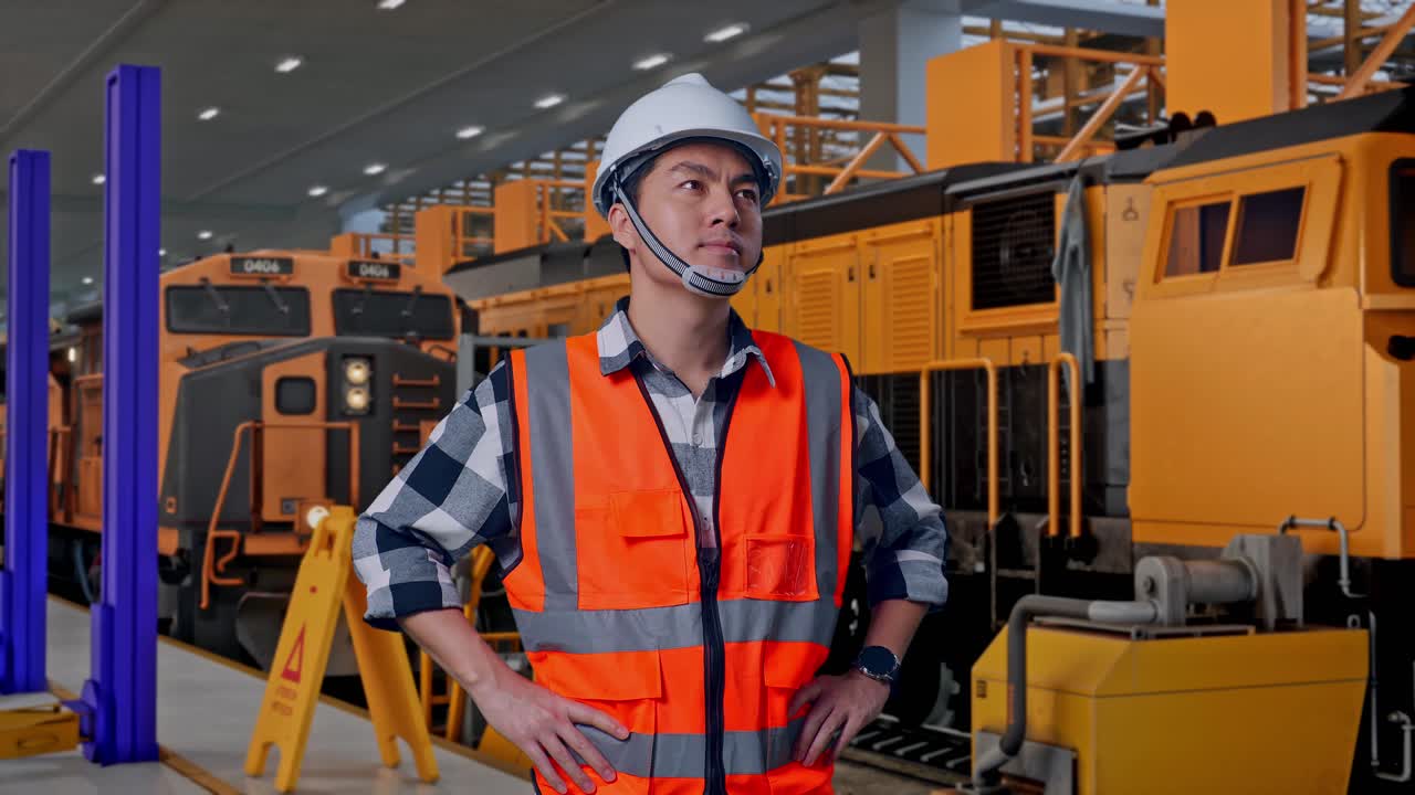Ingegnere asiatico indossa un casco di sicurezza e si guarda intorno mentre è in piedi con le braccia sui fianchi, ingegneri addetti alla manutenzione dei treni in un deposito